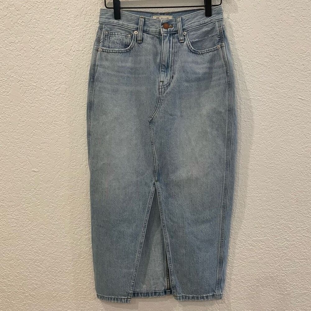 Madewell Light Wash Rigid Jean A Line Double Denim Country Cowboy Midi Skirt Siz - Picture 3 of 10